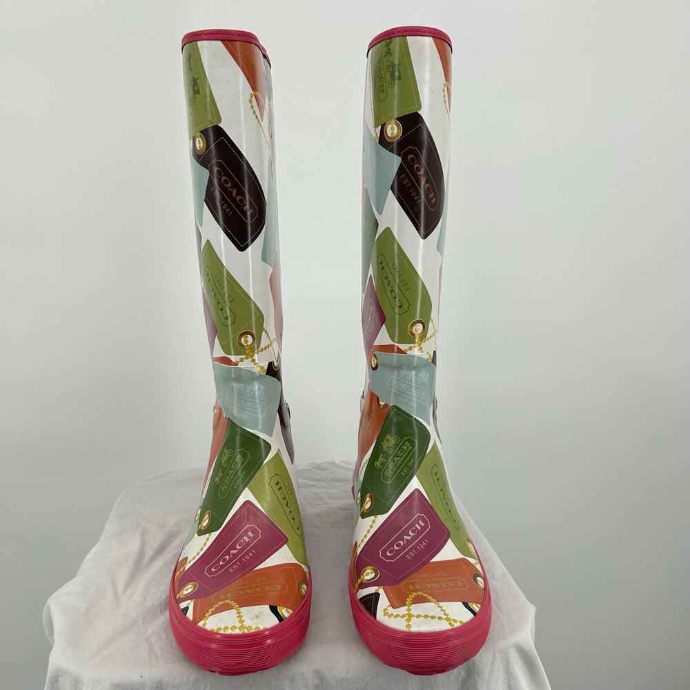 Women's Pink Multicolor COACH F2460 Pammie Hang Tags Rubber Rain Boots 8B - Picture 2 of 9